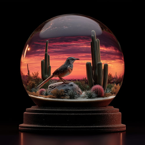Cactus en vogel onder rode lucht in glazen bol$