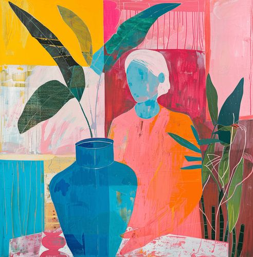 Portrait moderne et abstrait coloré avec des éléments botaniques sur Studio Allee