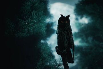 Wide awake Long-eared Owl illuminated by moonlight by Besa Art