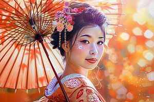 malerische japanische Statue Geisha mit Sonnenschirm