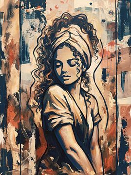 Expressief vrouwelijk portret in warme aardetinten | Modern mixed media kunstwerk met karakter