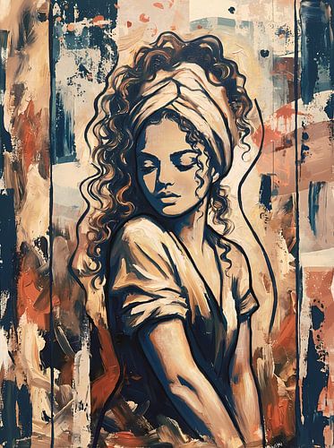 Expressief vrouwelijk portret in warme aardetinten | Modern mixed media kunstwerk met karakter van Emiel de Lange