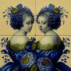 Niederländisches Kachelbild mit 2 Mädchen