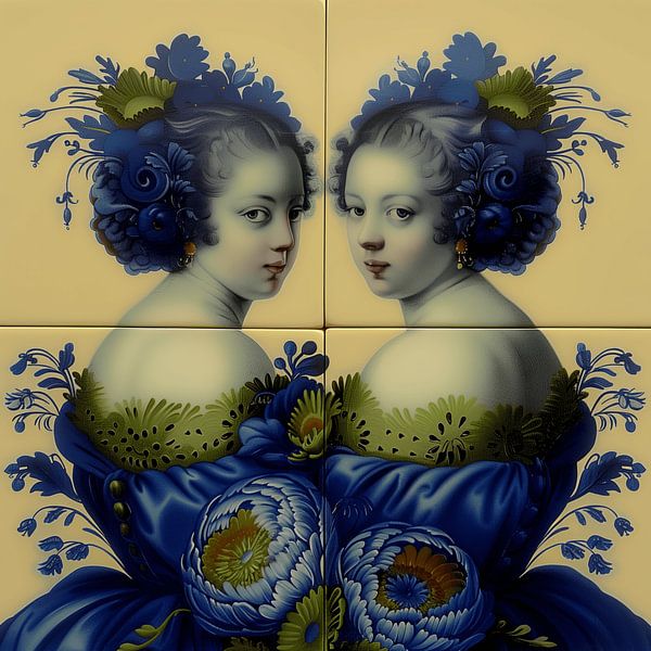Dutch tile picture with 2 girls by Ton Kuijpers