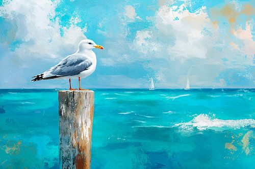 Seagull at the harbour in bright blue