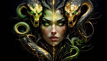 Medusa's fatale blik - Het orakelvisioen van de gouden slangenkroon in het mystieke licht van de goddelijke Gorgon van AidasignArt