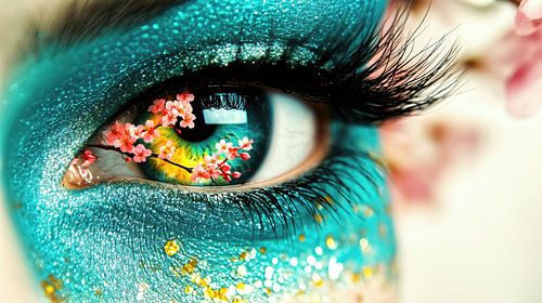 Turquoise glitter make-up met kersenbloesem reflectie