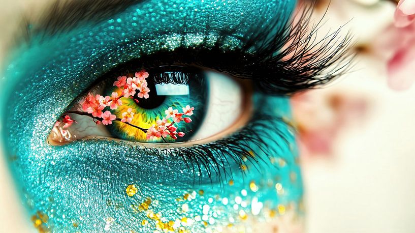 Türkises Glitzer-Make-up mit Kirschblütenreflexion von Frank Heinz