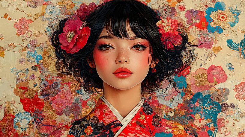 Japanse vrouw in rode kimono van Lufy