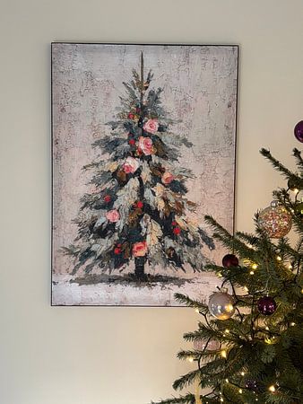 Romantic Christmas tree with roses in soft pastel tones, painted in classic oil style