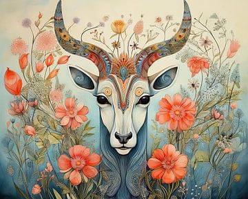 Malerei Antilope Blumen von Abstraktes Gemälde
