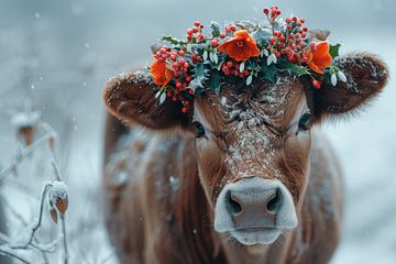 Bloemenpracht in het Zwarte Woud: koe met bloemenkrans - Levendige fotografie voor liefhebbers van het platteland