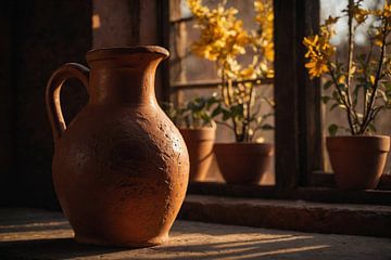 Terracotta kan in het ochtendlicht van Jan Bouma