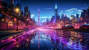 Uitzicht op de stad van de toekomst bij nacht, illustratie van Animaflora PicsStock