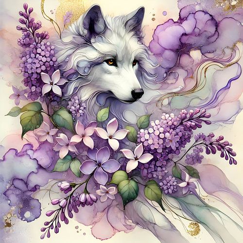 Fluistering van de Wildernis – Wolf en Seringen Kunst van Manuela Dekkers