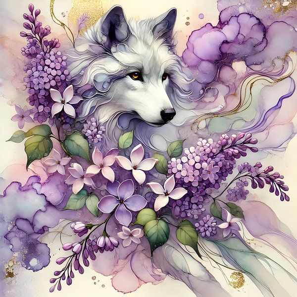 Whispers of the Wild - Wolf and Lilac Art by Manuela Dekkers
