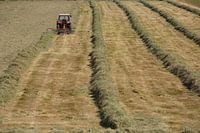Een landbouwer maait het gras