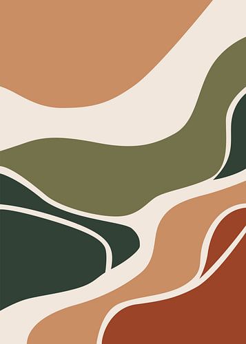 Minimalistische, platte abstracte illustratie van dynamische golvende lijnen en organische vormen in bohemienstijl.