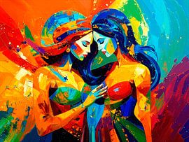 A modern, colourful painting featuring two women by STUDIO ARTSY