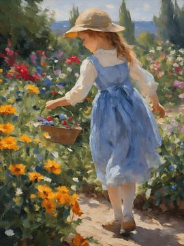 Impressionism the girl picking flowers by Jolique Arte