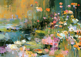 An abstract flower meadow by the water lily pond in vibrant colours by Niklas Maximilian