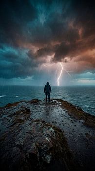 Eine Person vor Sturm und Blitz