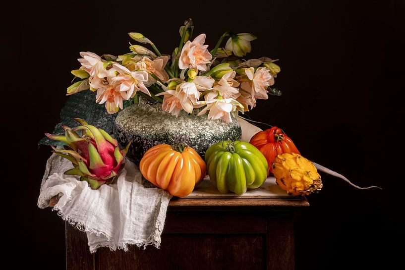 Daffodils, Coeur de Boef Tomatoes and Yellow and red Pitahaya by Willy Sengers