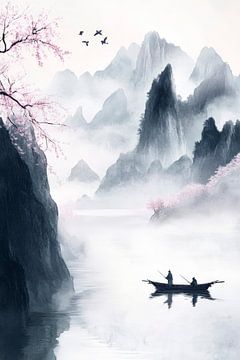 Vredige boottocht in de zee van mist van Poster Art Shop