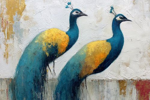 Twee pauwen met gouden vleugels