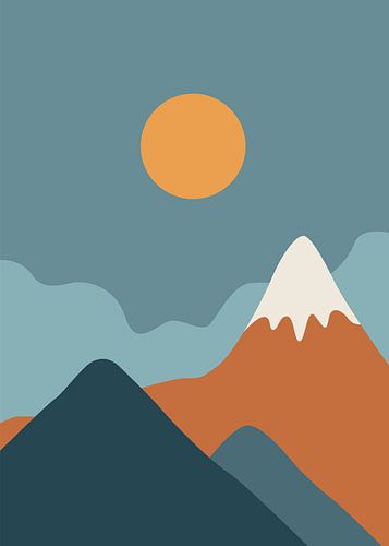 minimalist boho landscape vector art prints with geometric mountains, water, and sun.