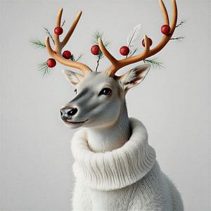 Ein Porträt eines Rentiers mit Wollpullover.
