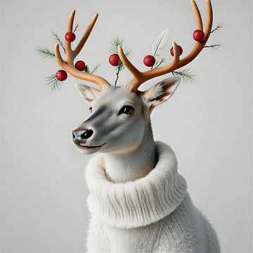 Ein Porträt eines Rentiers mit Wollpullover.