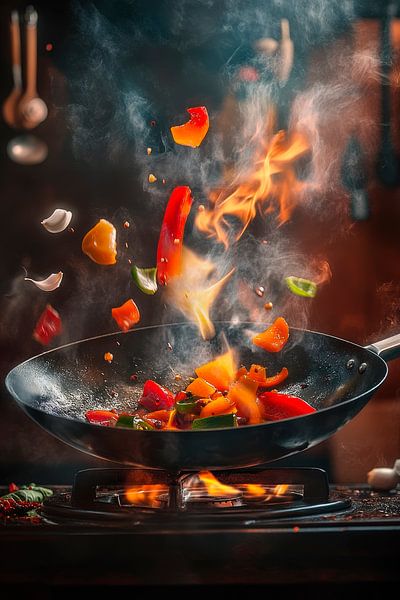 Flaming wok art with colourful vegetables by Poster Art Shop