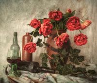Still life with red tulips in a vase