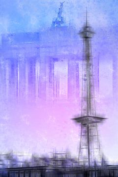 City-Art BERLIN Radiotoren & Brandenburger Tor | blauw/roze van Melanie Viola