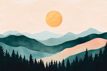 Zonsondergang over glooiende heuvels van Poster Art Shop