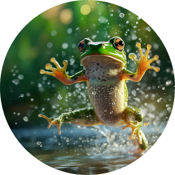 Een groene kikker springt uit het water van Luc de Zeeuw