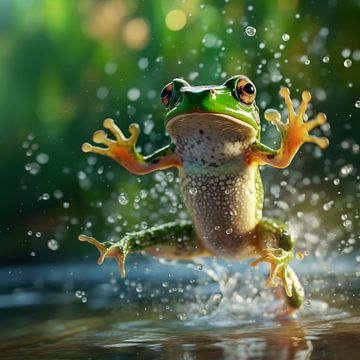 A green frog jumps out of the water by Luc de Zeeuw