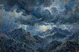 Dramatisch onweer boven bergtoppen – olieverfschilderij in impasto-techniek