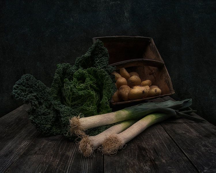 Still life with cabbage, leek and potatoes by Guna Andersone