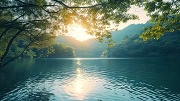 Lumière du soleil sur un lac à travers les feuilles sur Vlindertuin Art