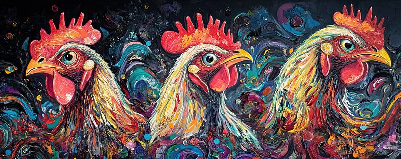 Peinture de coqs | Coqs joyeux dans un style coloré par La collection ARTEO