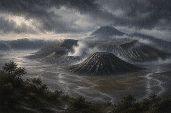 Rain over Mount Bromo, East Java, Indonesia