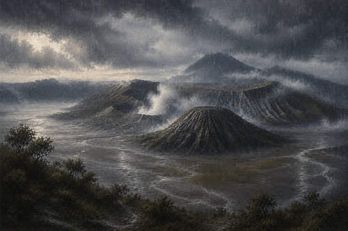 Rain over Mount Bromo, East Java, Indonesia