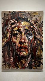 Portrait à l'huile sur toile, style néo-expressionniste grotesque et émouvant sur Aden Pink Studio
