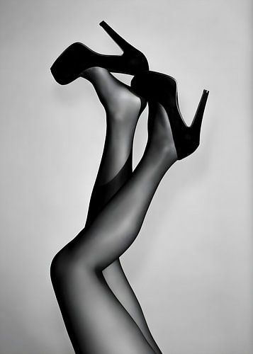 Elegant Woman Legs in Black Tights and High Heels Monochrome