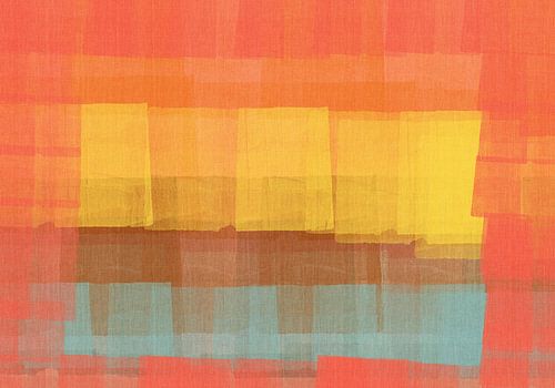 Abstract in neon oranje, geel, terra en lichtblauw.