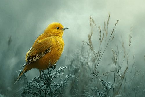 Yellow bird in icy winter morning