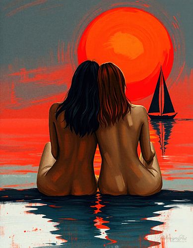 Deux femmes dans la mer - une rencontre érotique dans l'éclat rouge du soleil couchant