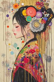 Frau Blumen | Fröhliche Frau mit Blumen von Blickfänger Gemälde